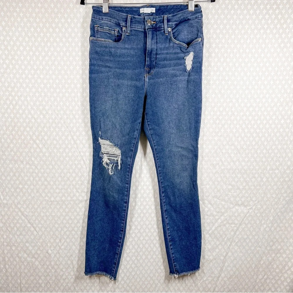 Good American Dark Wash High Rise Distressed Skinny Jeans